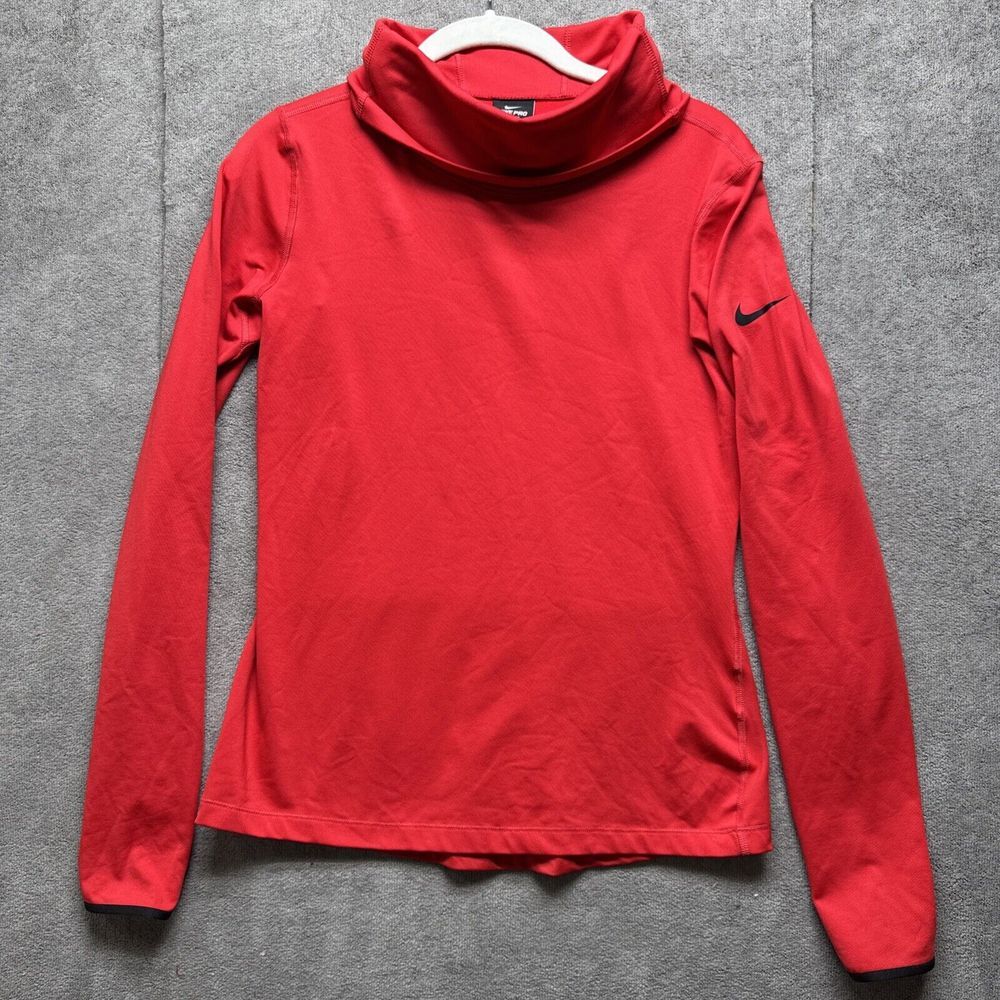 Nike Pro Shirt Womens M Red Dri‎ Fit Cowl Neck Sweatshirt High Visibility